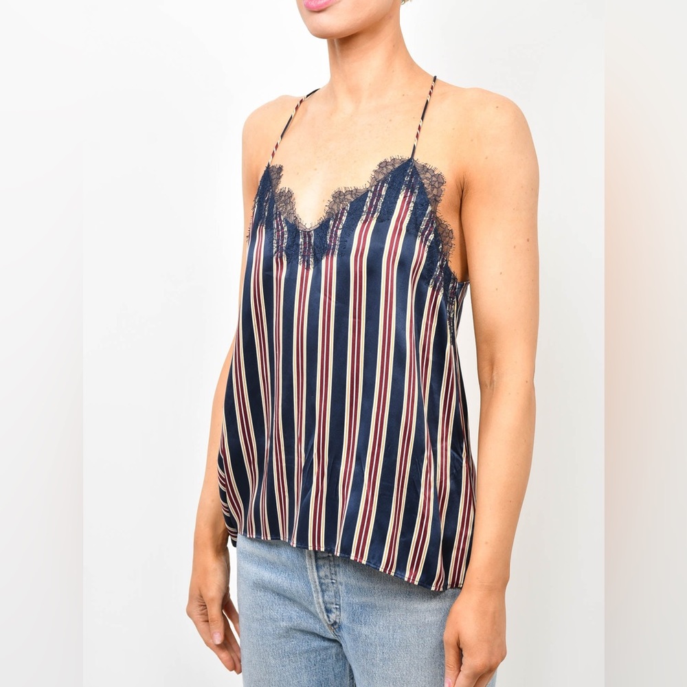 Cami NYC Navy Blue Striped Silk Lace Trim Tank Top